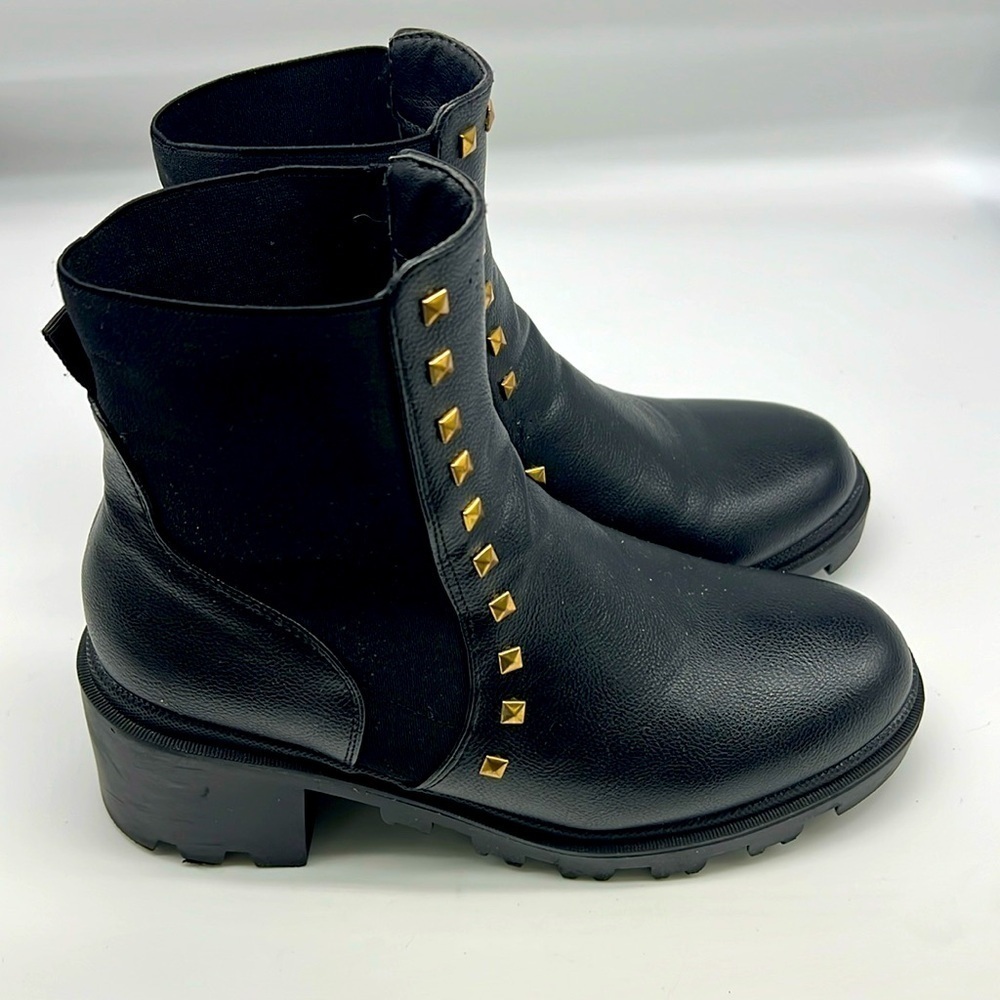 Catherine Malandrino - Gold Studded Black Faux Leather Chunky Ankle Boot Size 9